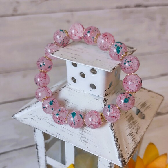 New Pink Glass w/Multicolor Specks Stretch Bracelet Crackled Beads - Picture 4 of 5